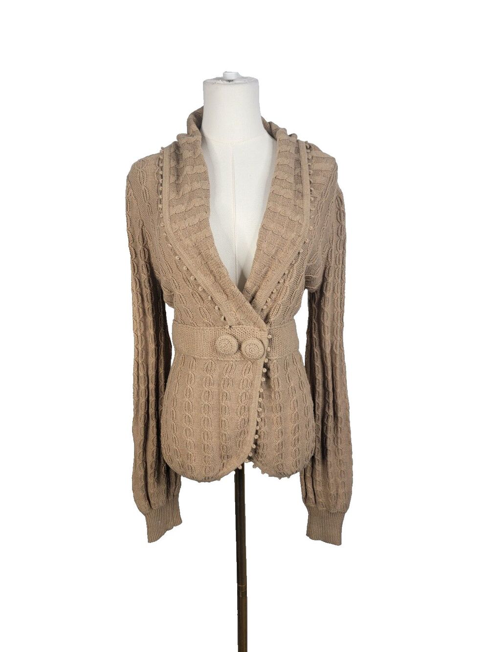 BCBGMAXAZRIA Beige Cotton Cable Knit Cardigan Sweater Size Small BCBG Vtg Retro